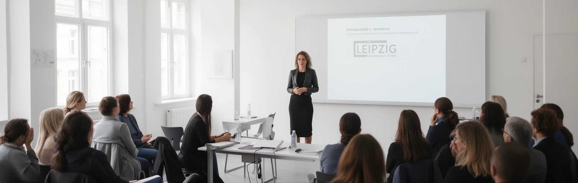 Souveräne Rednerin vor Gruppe in modernem Seminarraum Leipzig
